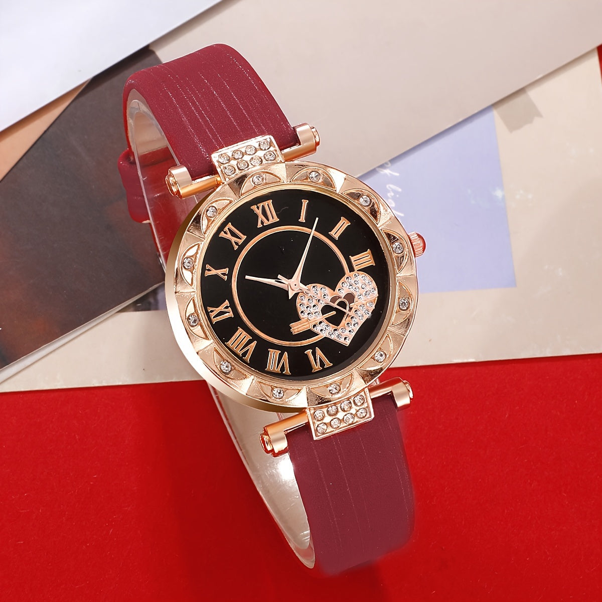 5 Pcs Red Quartz Watches PU Leather Strap Zinc Alloy Pointer Zinc Alloy Dial And Rhinestone Necklace Ring Jewelry For Valentine's Day, Easter Ramadan, Birthday, Mother's Day Gifts For Eid