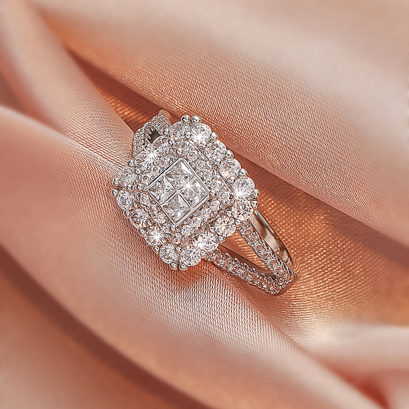 Large multi row white Synthetic Zirconia, fashionable, stylish, and atmospheric. Couples, lovers, gifts, wedding rings, Holiday Accessories, Couple Jewelry, Elegant Rings, Stylish Jewelry, Plated Rings, Highquality Finish, St