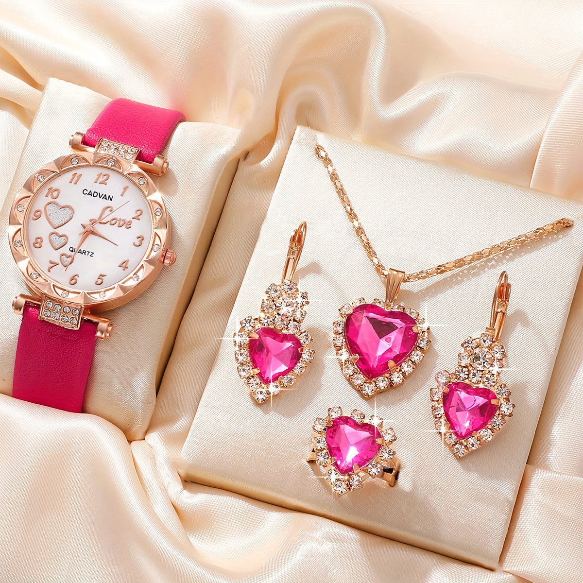 5pcs/set Adorable Heart Womens Watch - Glamorous Rhinestone Quartz Analog Wrist Watches & Jewelry Ensemble - Sparkling Timeless Accessories, Ideal Gift for Her