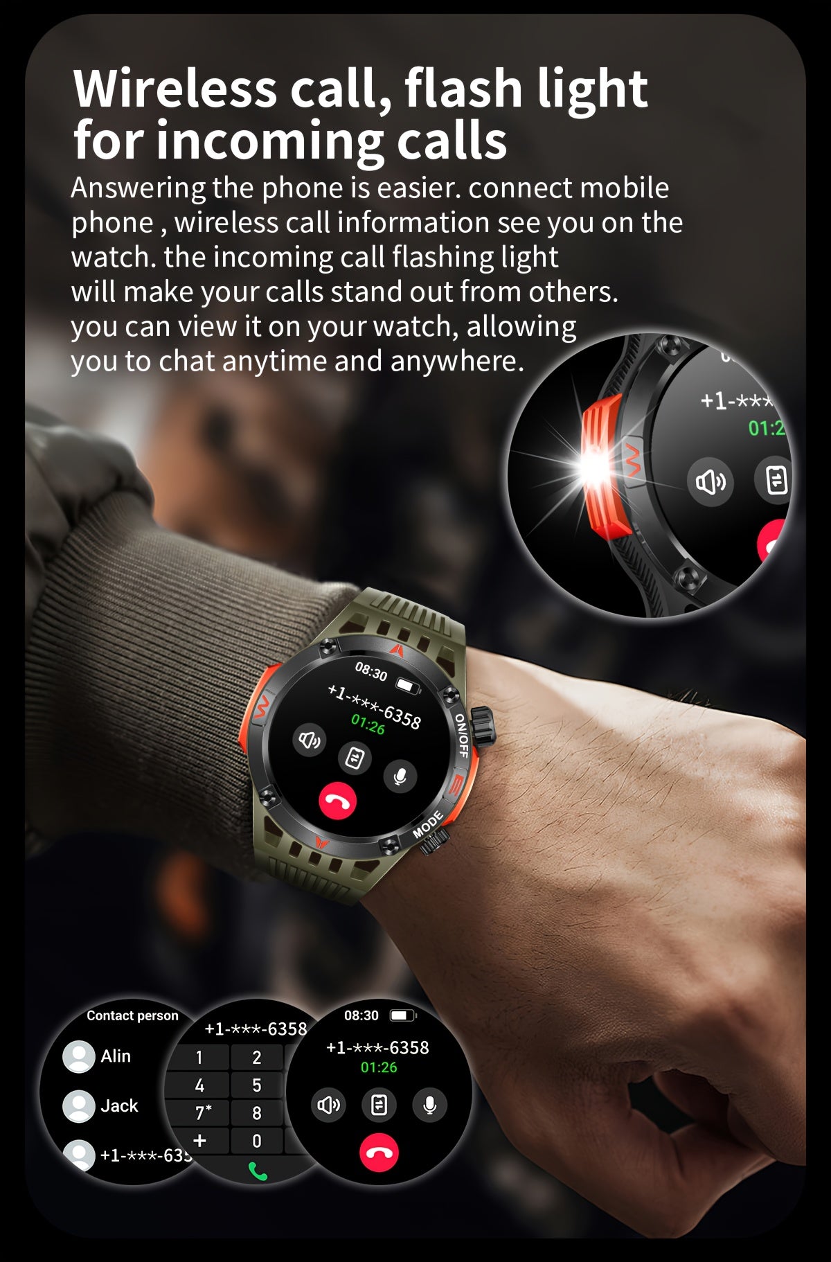 QTLJJBY Smart Watch Wireless Answer And Call SOS Outdoor Watch Outdoor Sports Watch LED IP68 Compass Fitness Tracker Pedometer Multimedia Message Display, Suitable Mobile Phones, Men's And Women's Smart Watches Gift