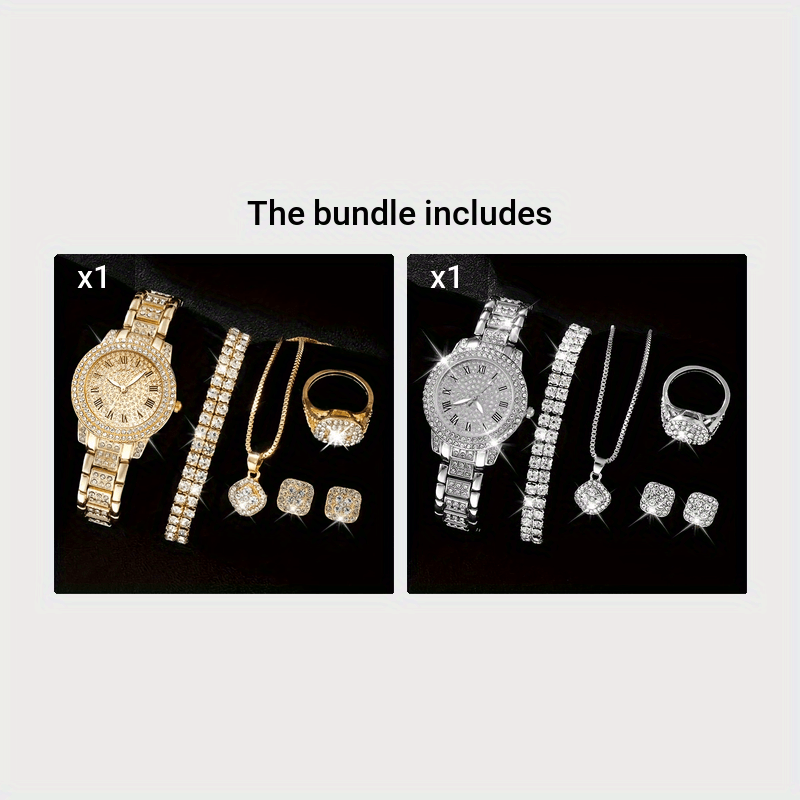 5 Pcs Round Quartz Watches Stainless Steel Strap Alloy Pointer Stainless Steel Dial And Rhinestone Bracelet Necklace Ring Jewelry For Women Gifts For Eid