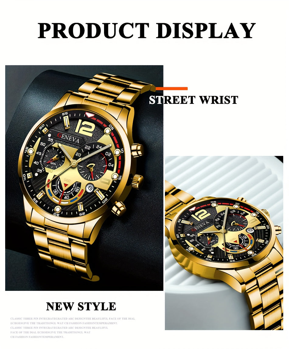 3pcs/set, Fashion Mens Business Stainless Steel Calendar Watches & Silvery Bracelet Cross Pendant Necklace