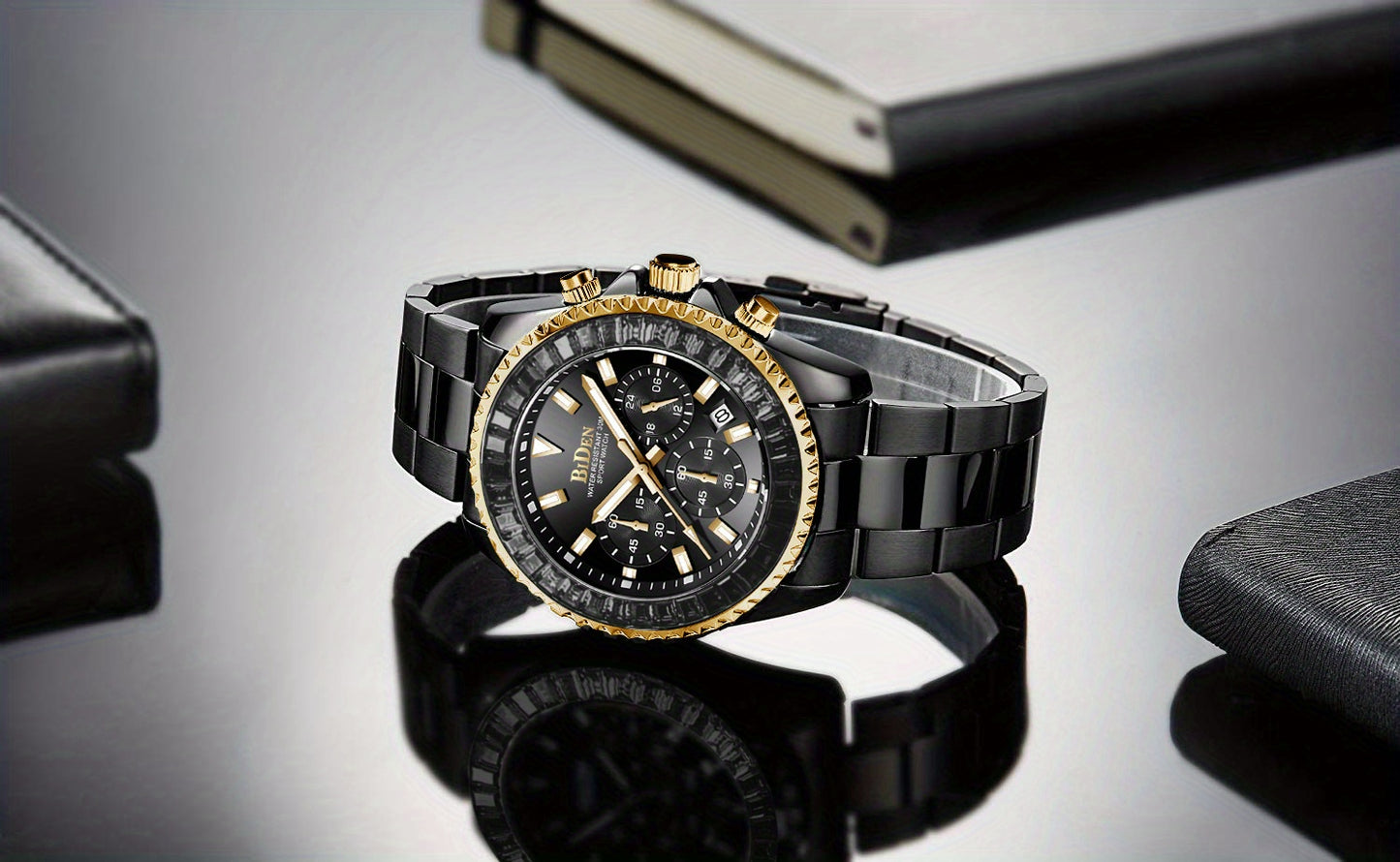 Mens Chronograph Stainless Steel Strap Waterproof Date Quartz Watch, Business Casual Wrist Watches