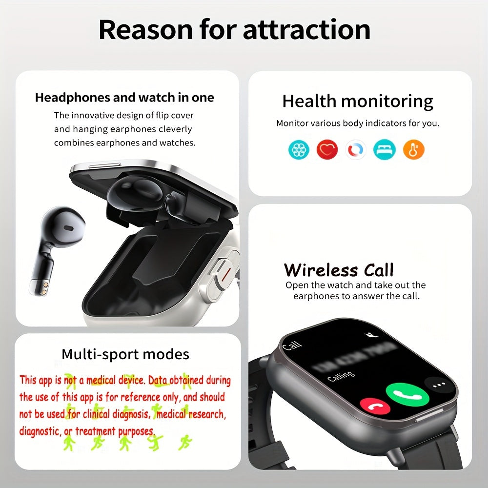 مجموعة ساعة ذكية وسماعات أذن 2 في 1: مكالمات لاسلكية، تحكم في الموسيقى، تنبيهات الطقس، عداد الخطوات، شاشة، ومتتبع تشبع الأكسجين، متوافقة مع أنظمة Android وiOS، هدية مثالية للعطلات للرجال والنساء، تتبع اللياقة البدنية