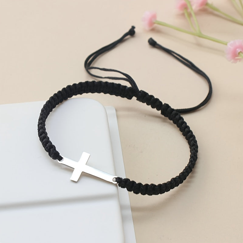 1pc Hand Woven Adjustable Stainless Steel Cross Bracelet Men's Hand Jewelry