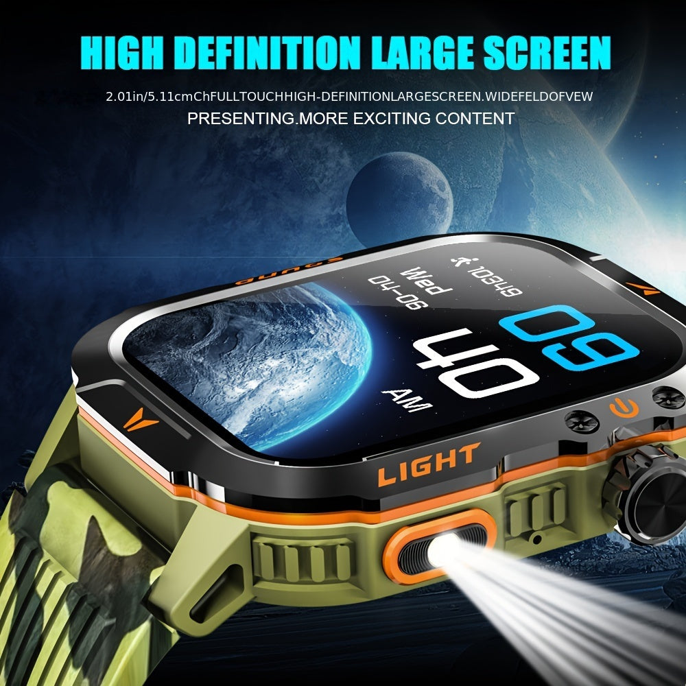 Outdoor smart watch, wireless calling, sports watch, compass, altimeter, barometer, LED flashlight, IP68, pedometer, fitness tracker, multimedia information viewing, weather 100+ sports modes, suitable for Android iPhone, Men