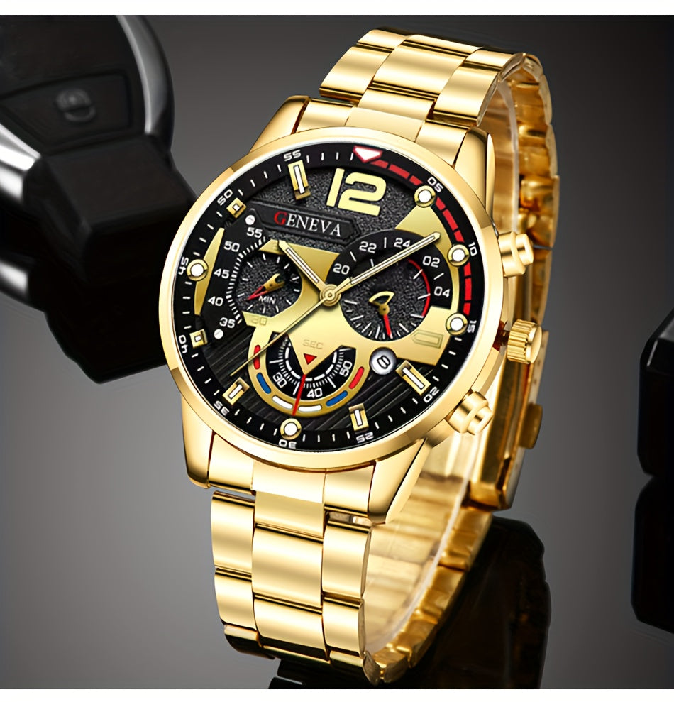 3pcs/set, Fashion Mens Business Stainless Steel Calendar Watches & Silvery Bracelet Cross Pendant Necklace