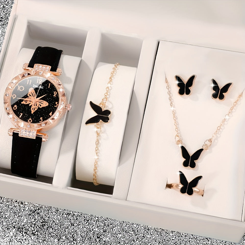 6 Pcs Elegant And Fashionable Watch Leather Strap Quartz Watches With Exquisite Butterfly Jewelry Set Gift For Friends