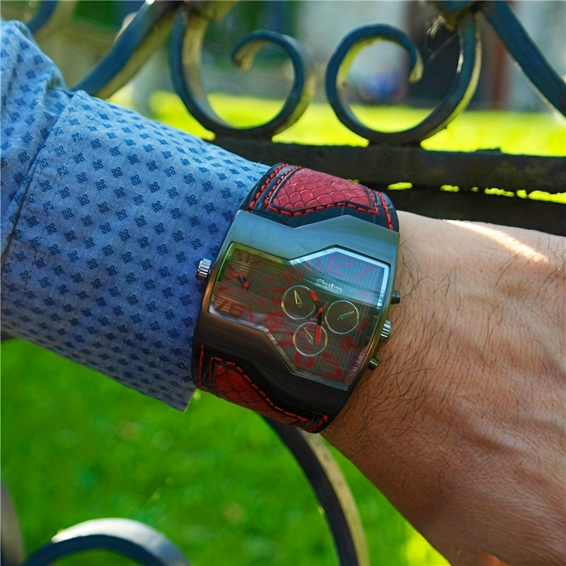 Oulm Classic Style Two Time Zone Men's Watches PU Leather Wristwatch Male Quartz Clock, Ideal choice for Gifts