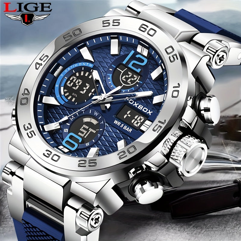 [Popular Choice] LIGE Watches for Men, 1968.5inch Clock Alarm LCD Dual Display Wristwatch