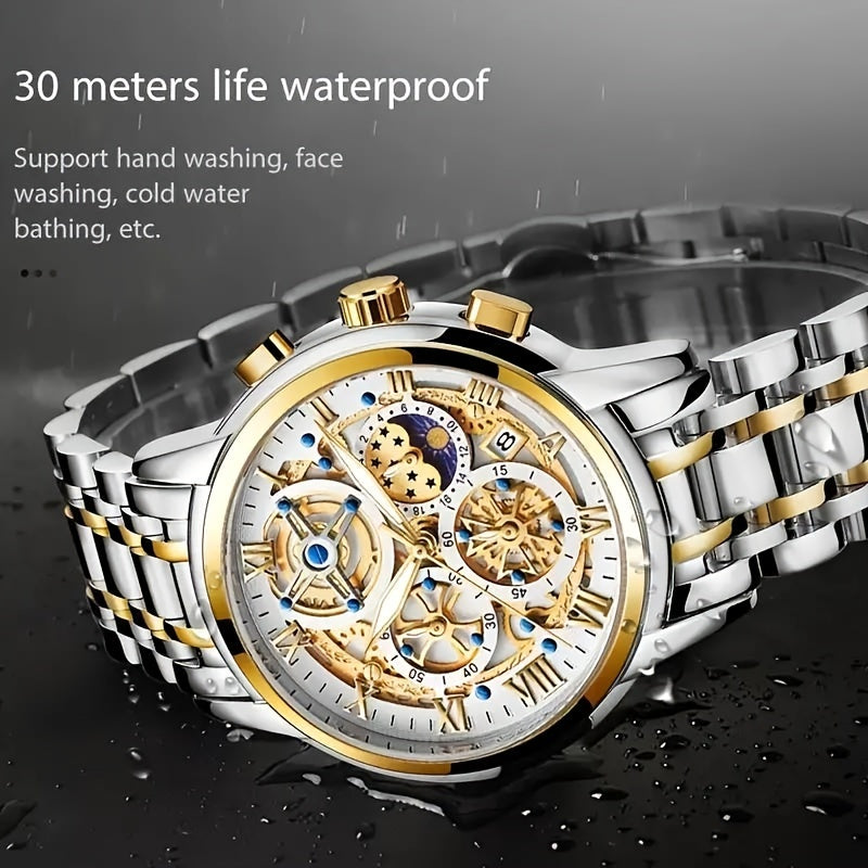 [LIGE Luxury Watch] LIGE Luxury Business Men's Watch - Stainless Steel Strap Fashion Creative Gear Dial Luminous Calendar Quartz Watches - Suitable for Family Gatherings as Gifts