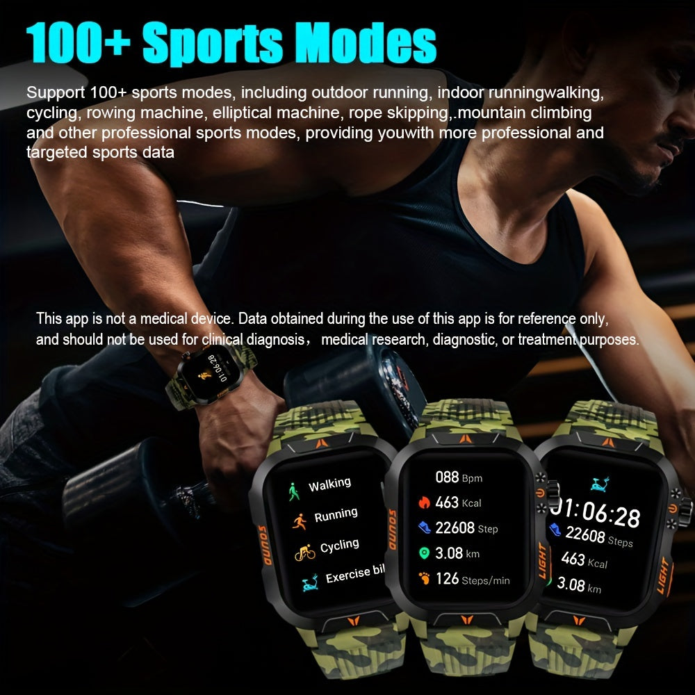 Outdoor smart watch, wireless calling, sports watch, compass, altimeter, barometer, LED flashlight, IP68, pedometer, fitness tracker, multimedia information viewing, weather 100+ sports modes, suitable for Android iPhone, Men