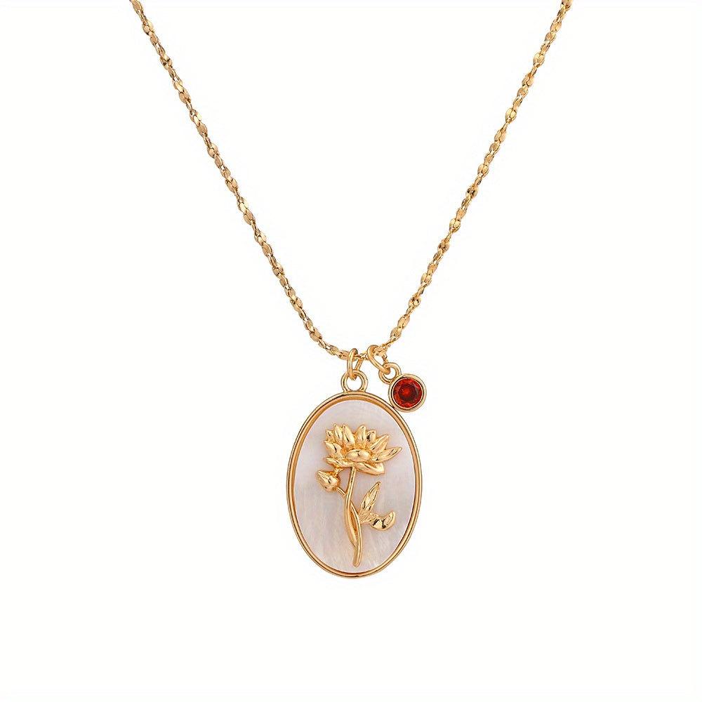 1pc Vintage Elegant 3D Birth Flower Pendant Necklace, 14K Golden Plated Copper with Synthetic December Birthstone, Oval White Shell Charm for Daily & Gift Occasions, Valentine'S Day Jewelry