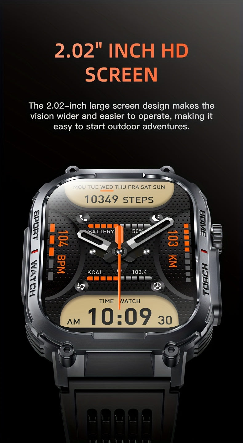 2.02" Smartwatch IP68 Waterproof for Men Women, Answer/Dial Calls Watch with LED Flashlight, Full Touch Screen Compatible with iPhone and Android Phones - Black