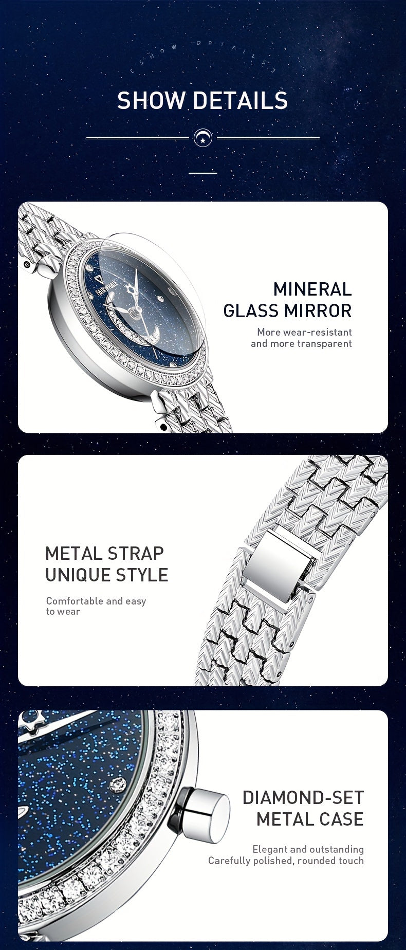 Round Quartz Watches Stainless Steel Strap Alloy Pointer Stainless Steel Rhinestone Dial Luminous Moon Phase Starry Sky Watches Gifts For Eid
