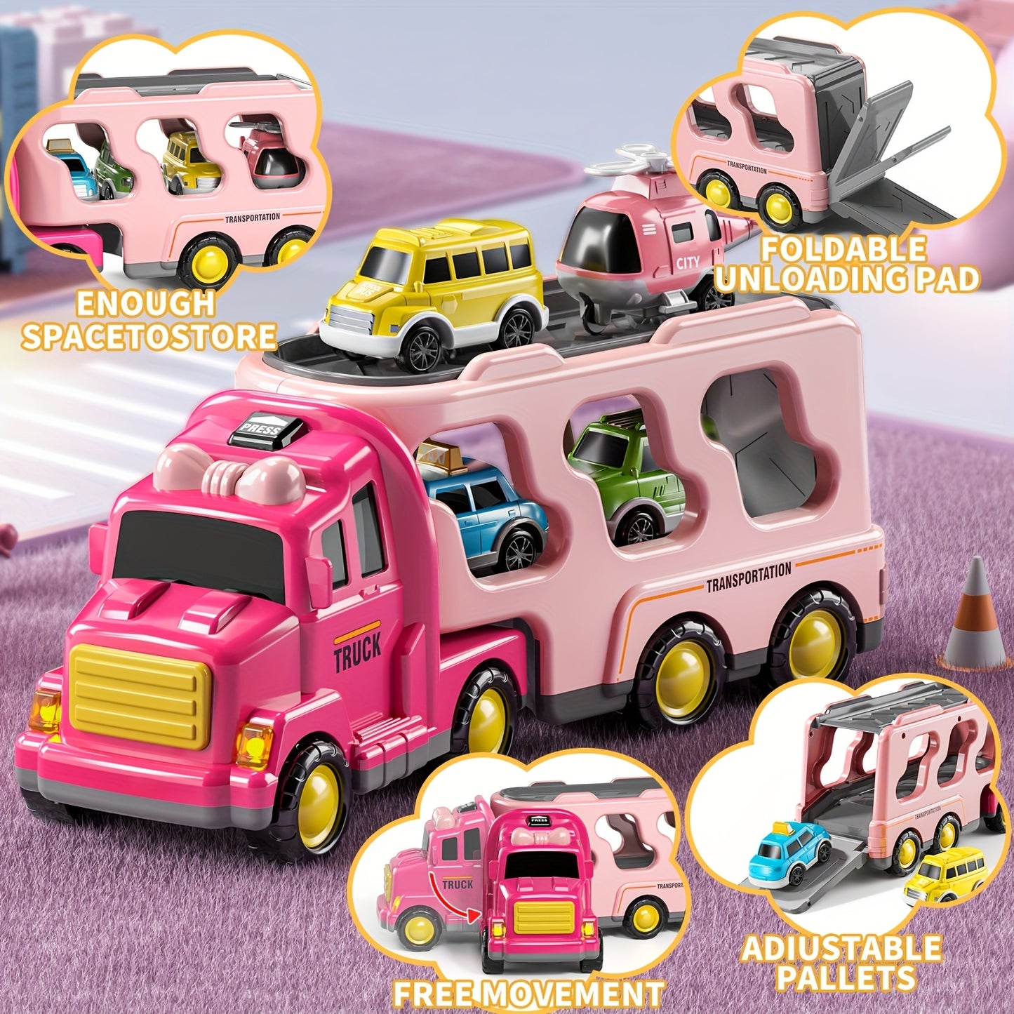 Girls Truck Toys For 3 4 5 6 Year Old Girls, 5-in-1 Friction Power Vehicle Car Toy For Toddlers 3-6, Carrier Toys For Kids 3-5, Christmas Birthday Gifts For Girls Age 3-9