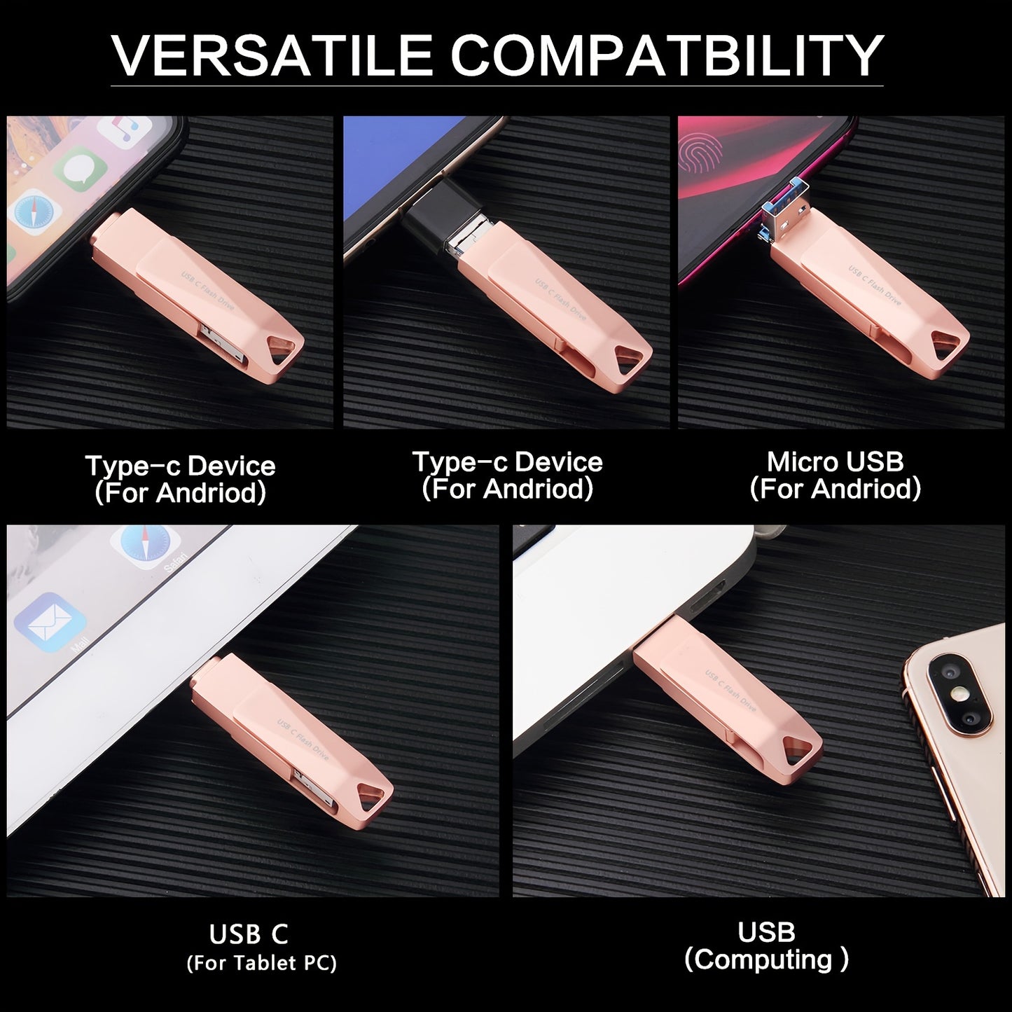 محرك أقراص فلاش USB C عالي السرعة سعة 1 تيرابايت - نقل بيانات فائق السرعة، عصا صور الهاتف، وحدة تخزين خارجية للهواتف التي تعمل بنظام Android وأجهزة كمبيوتر Mac-Book Pro والأجهزة اللوحية - تصميم صغير الحجم وردي اللون وأنيق مع هيكل متين