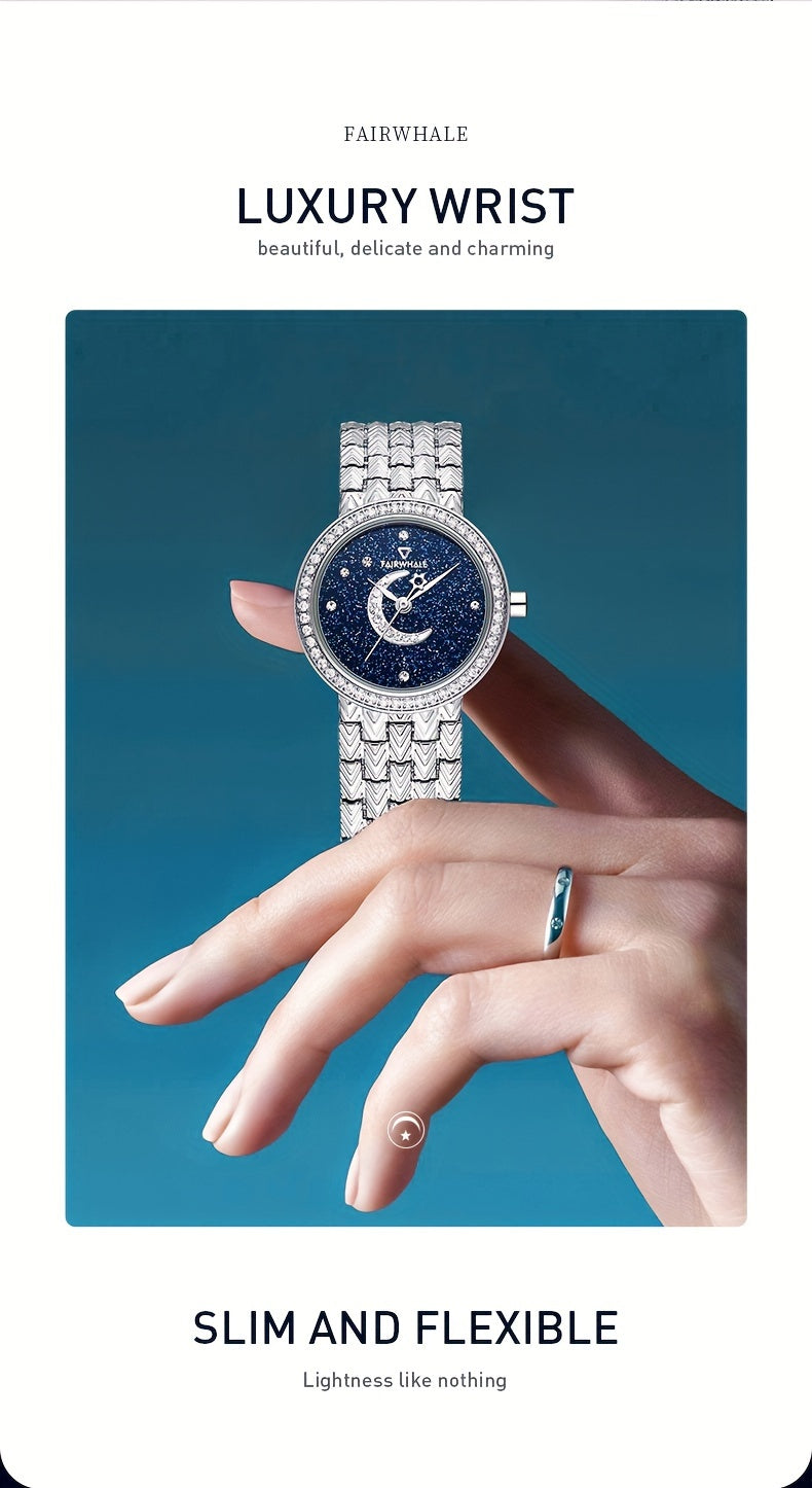 Round Quartz Watches Stainless Steel Strap Alloy Pointer Stainless Steel Rhinestone Dial Luminous Moon Phase Starry Sky Watches Gifts For Eid