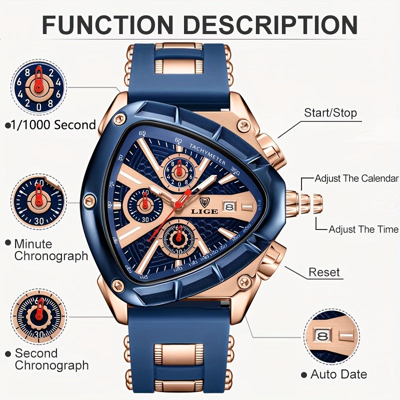 Sports Triangle Mens Watches, Luminous Pointers Fashion Rubber Strap Waterproof Irregular Quartz Wristwatch