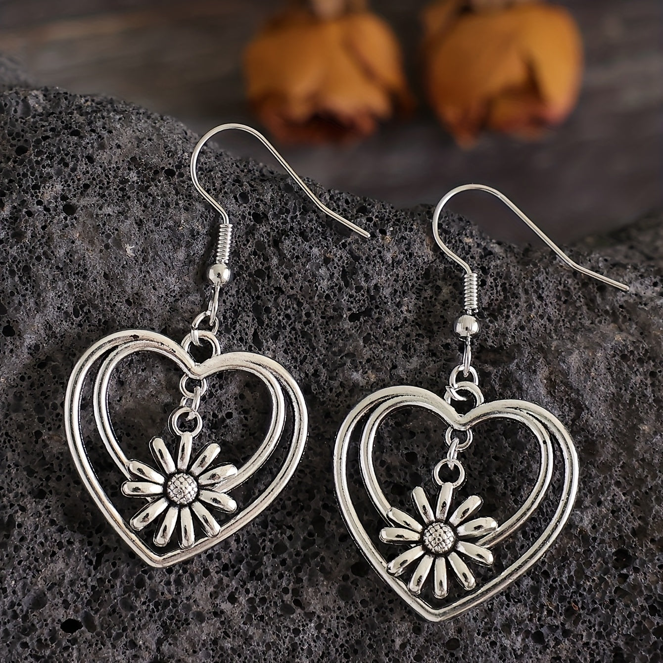 Love Double Layer Hollow Daisy Drop Earrings Women's Silver Plated Jewelry Gift