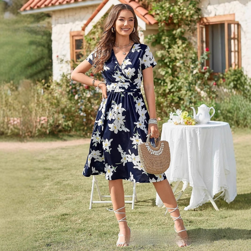 Vacation-style Chic Sundress With V-neck And Floral Print