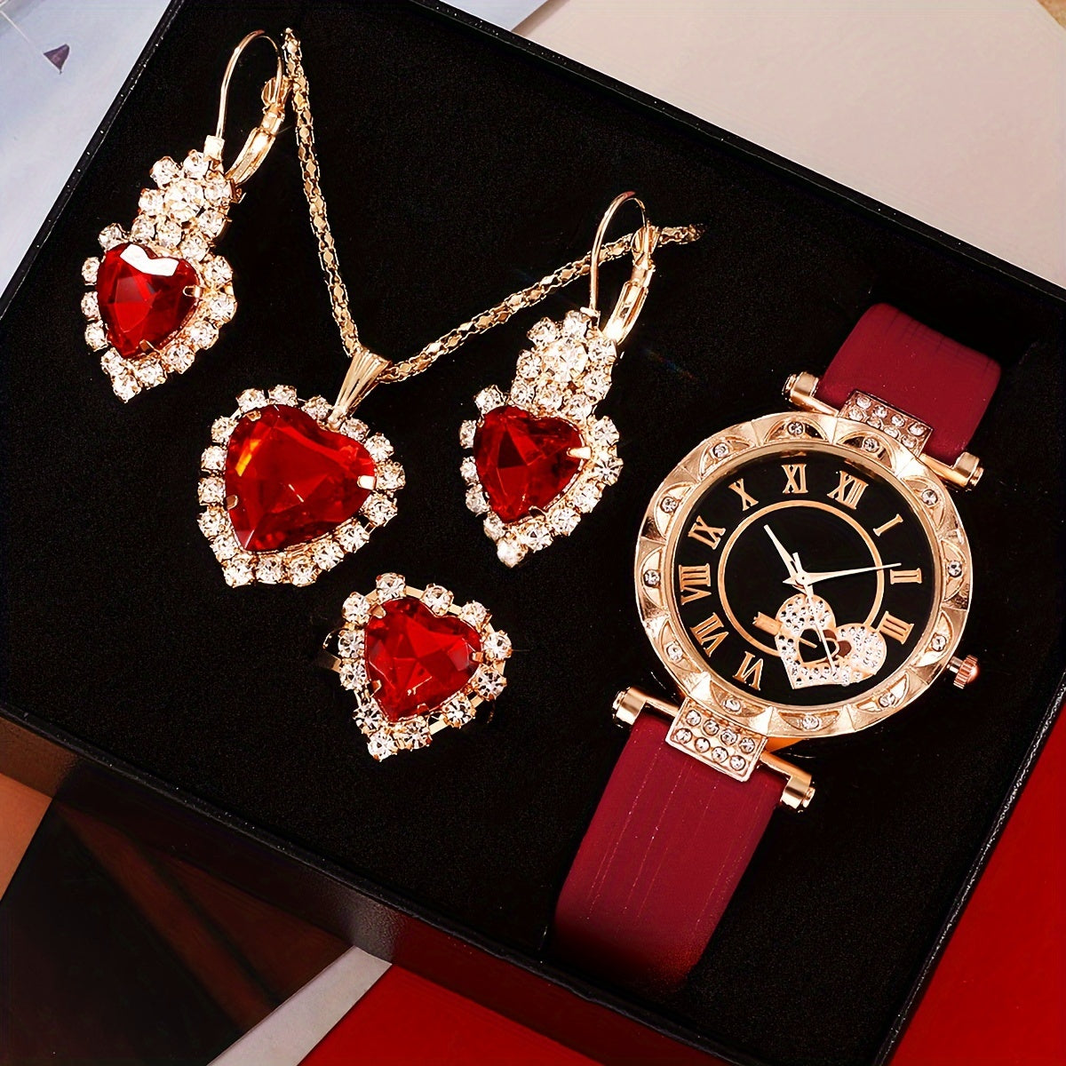 5 Pcs Red Quartz Watches PU Leather Strap Zinc Alloy Pointer Zinc Alloy Dial And Rhinestone Necklace Ring Jewelry For Valentine's Day, Easter Ramadan, Birthday, Mother's Day Gifts For Eid