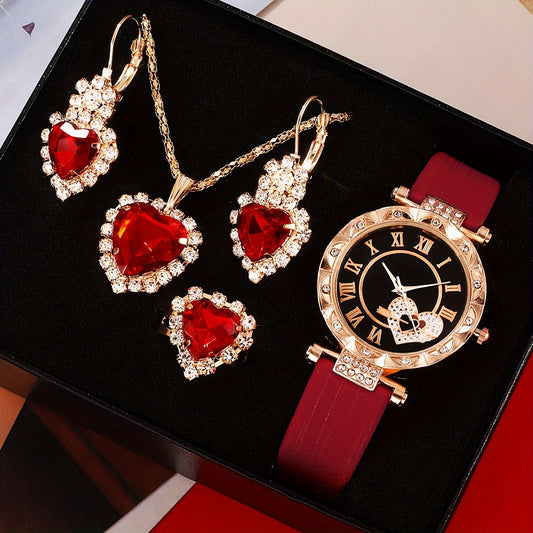 5 Pcs Red Quartz Watches PU Leather Strap Zinc Alloy Pointer Zinc Alloy Dial And Rhinestone Necklace Ring Jewelry For Valentine's Day, Easter Ramadan, Birthday, Mother's Day Gifts For Eid