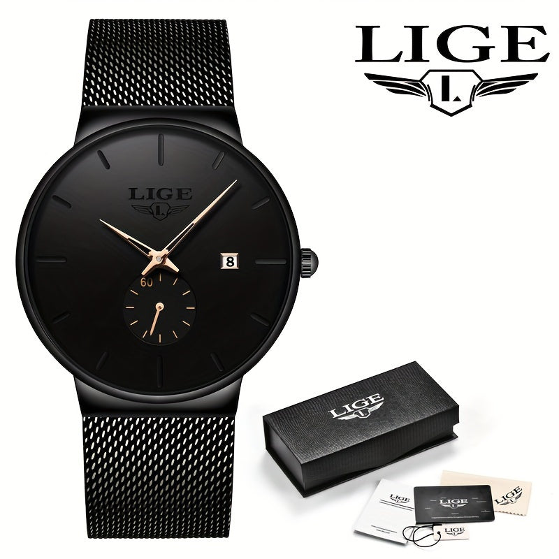 LIGE Minimalist Casual Men's Watch with Stainless Steel Mesh Belt. Leisure Fashion Men's Business Quartz Watches. Waterproof Calendar Wristwatch. Suitable for Gifts to Men.