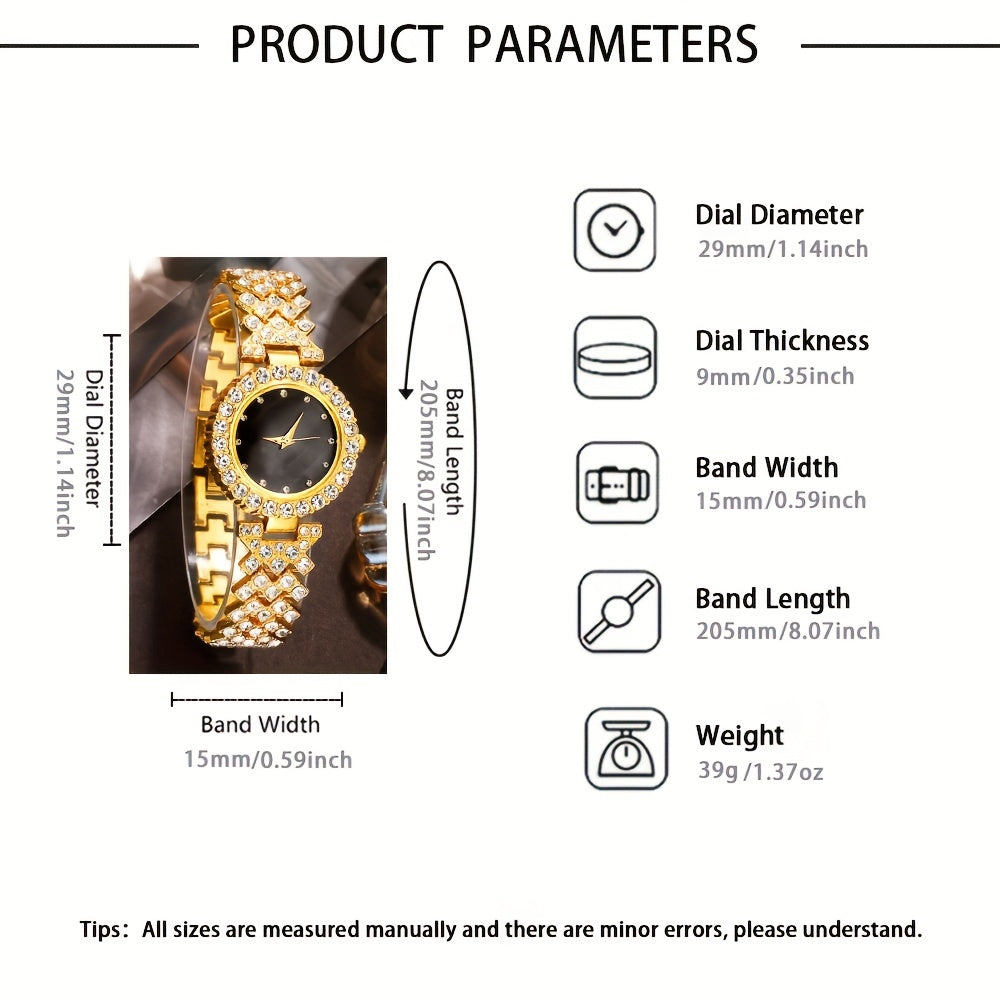 طقم أنيق من 5 قطع من الساعات والمجوهرات النسائية - ساعات كوارتز كلاسيكية بسوار من الجلد الصناعي مع لمسات من الكريستال، وعلبة من سبائك الزنك