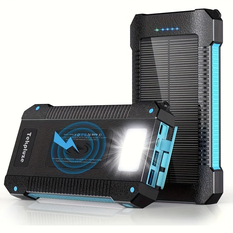 30000mAh Wireless Solar Power Bank with 3 Cables & LED Flashlight, Portable Solar Charger for iPhone & Android Phones