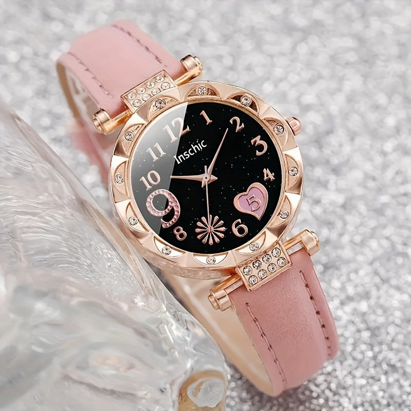 2pcs/set Women's Chic Quartz Heart-Shaped Watches and Sparkling Star Bracelet Set - an Elegant Gift For Her, The Perfect Choice For Valentine's Day