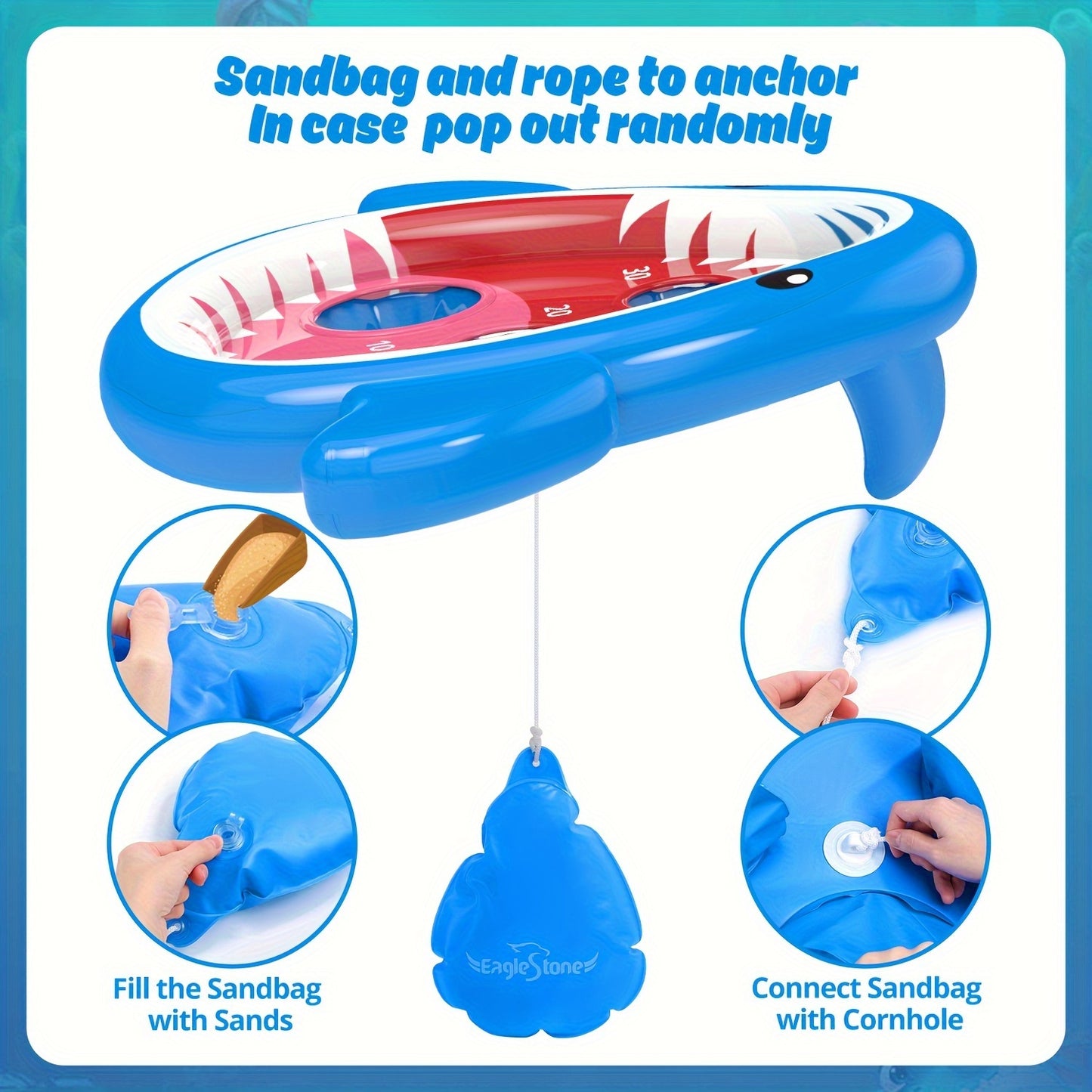 Eaglestone 2pcs Pool Shark Cornhole Toys For Kids, Inflatable Swimming Pool Toys For Adults Family, 8 Bean Bags Toss Game W/Sandbag Anchor, Floating Outdoor Beach Toys For Pool Game Party, Water Toy