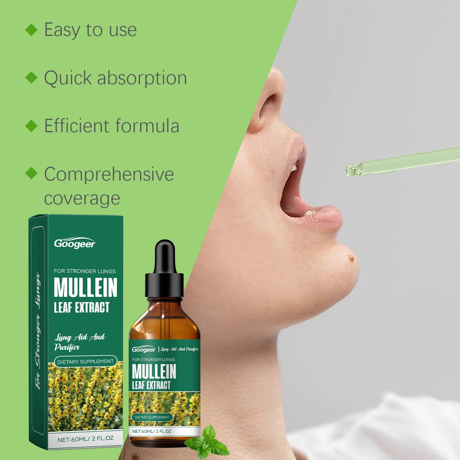 60ml Googeer Mullein Oral Supplement Support Cardio Brain Health Respiratory Comfort Anti Aging Metabolic Boost Heart Wellness