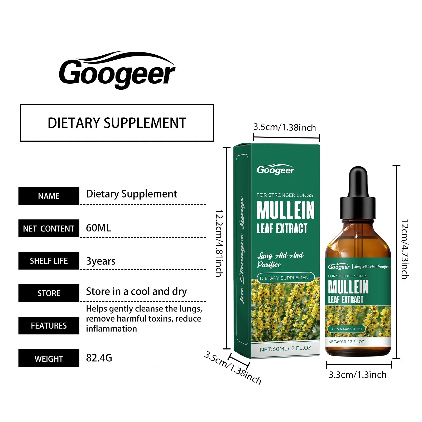 مكمل غذائي Googeer Mullein عن طريق الفم 60 مل يدعم صحة القلب والدماغ وراحة الجهاز التنفسي ومضاد للشيخوخة وتعزيز التمثيل الغذائي وعافية القلب