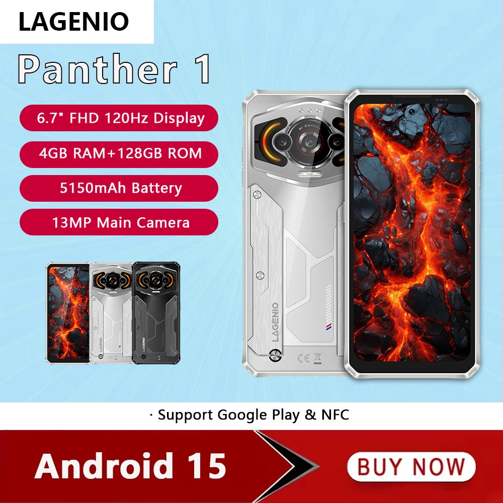 هاتف LAGENIO Panther 1 الذكي المتين بنظام Android 15 4GB+128GB هاتف محمول 13MP 5150mAh 18W 6.7 "HD هاتف محمول فائق النحافة 4G NFC