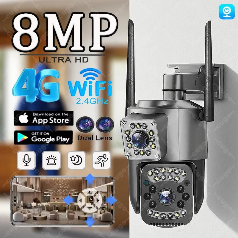 4K 8MP WIFI IP Camera HD PTZ 4G SIM Dual Lens Video Camara 8X Zoom Human Trackin IP66 Waterproof V380 Pro Outdoor Wireless CCTV
