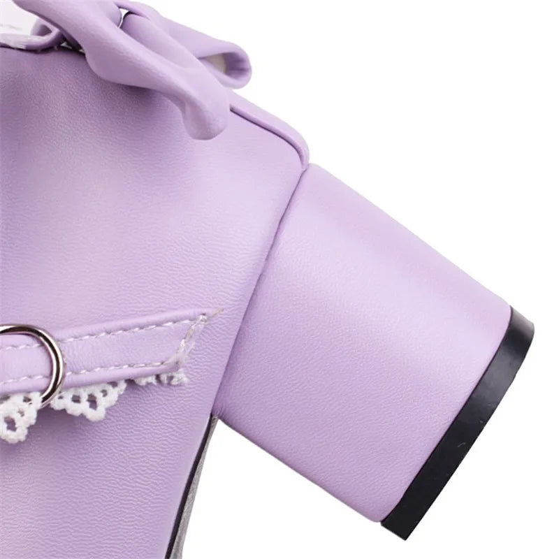 PXELENA Sweet Lolita Princess Mary Janes Shoes Bowtie Ruffles Cross Tied Strappy Cosplay Uniform Pumps Women Wedding Party Girls