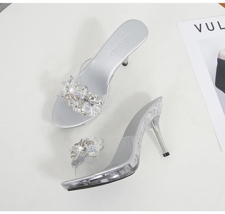 Shuzumiao New Crystal Slippers Shoes Women Fine High Heels Transparent Sandals Female Slippers Sexy  Outside Beaded Beach Shos