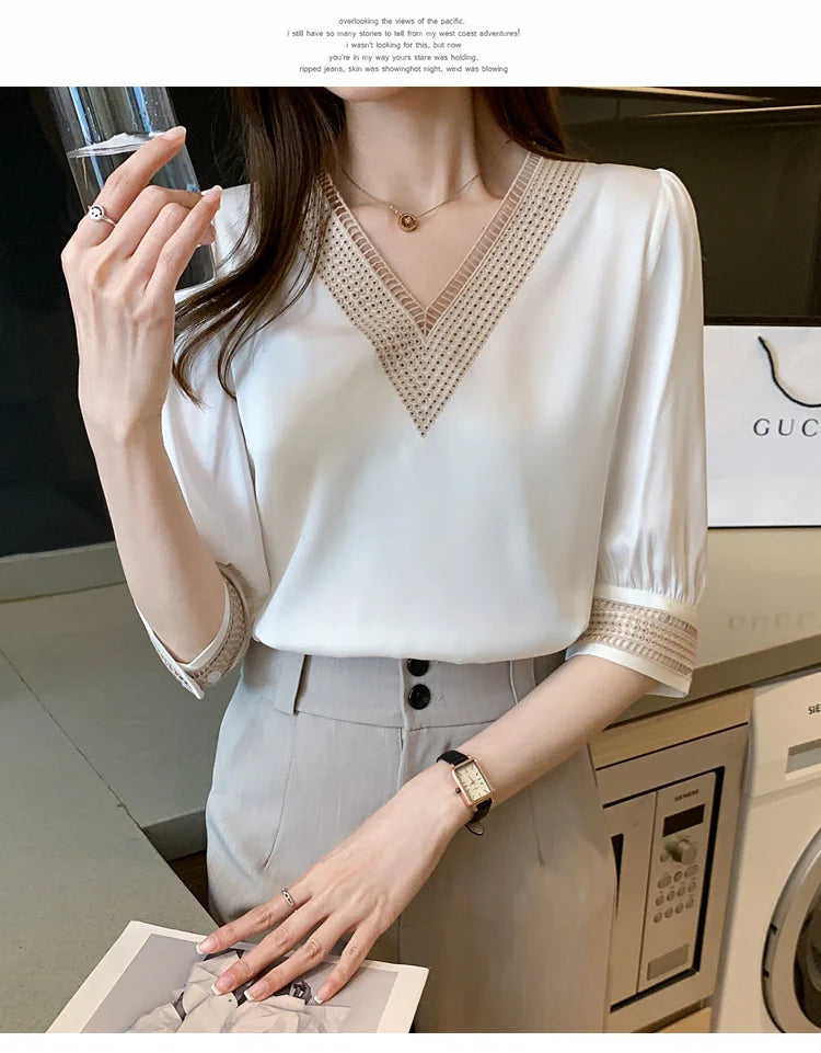 2025 Fashion Woman Blouse Stylish Autumn Office Lady Elegant Tops Korean Lace Long Sleeve V Neck Blusas White Shirts 13366