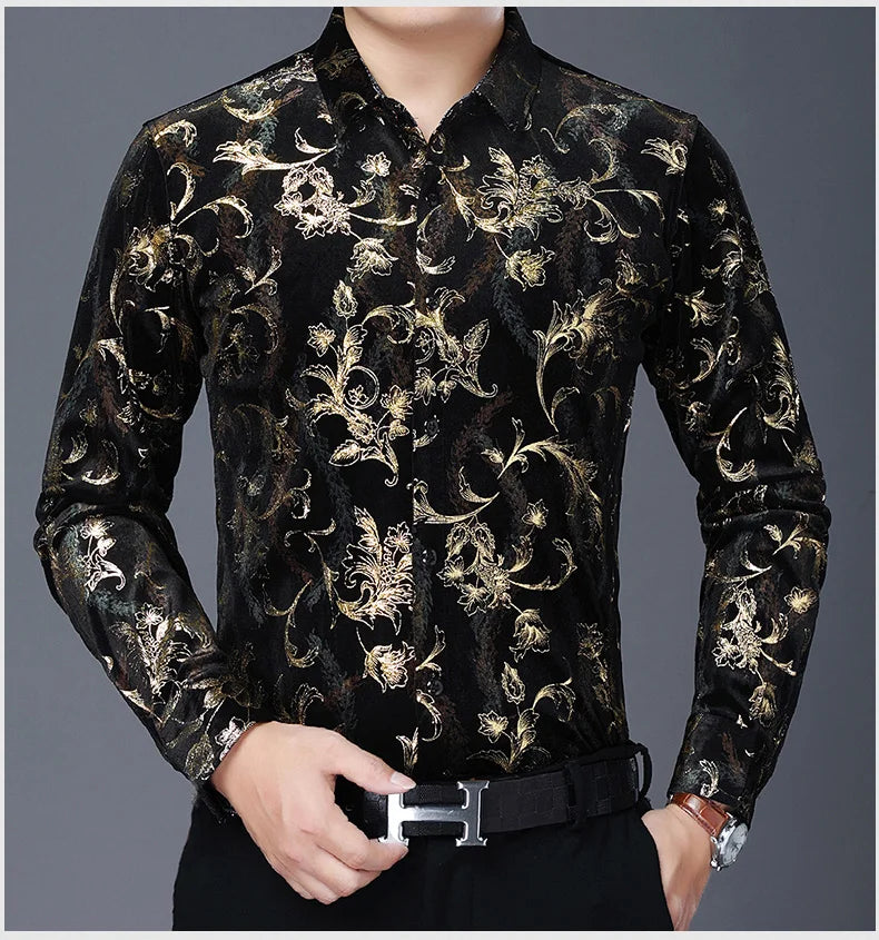 Mens Floral Dresses Autumn Long Sleeve Velour Clothing Male Flowers Gold Velvet Shirts