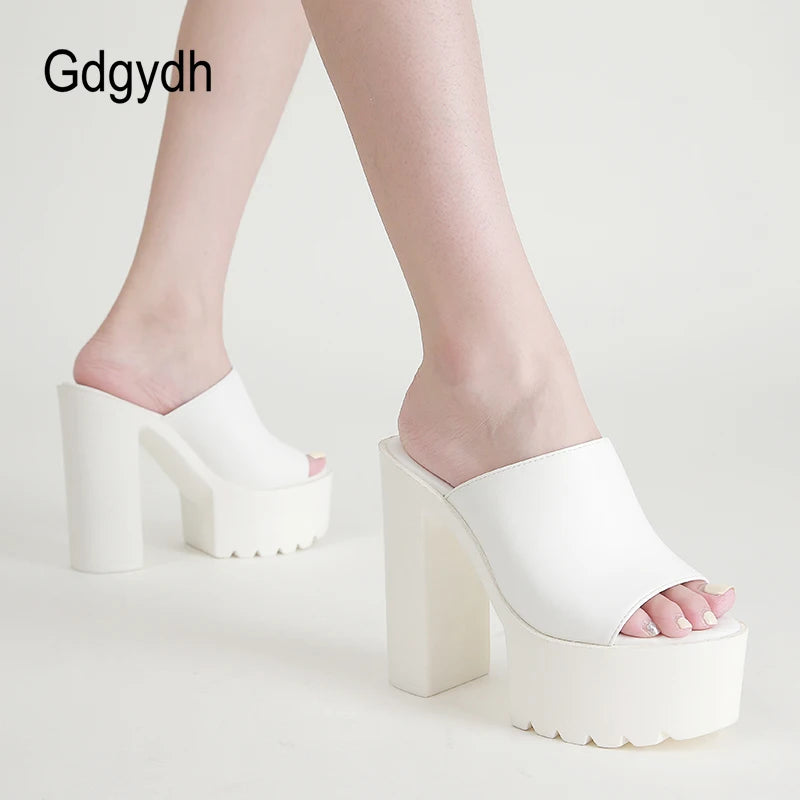 Gdgydh Square Heel Platform Mules Women Outdoor Slippers Peep Toe Slip On Sandals Shoes Slingbacks Black White Great Quality