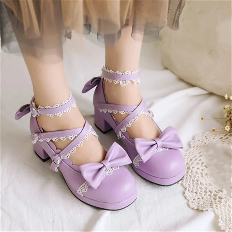 PXELENA Sweet Lolita Princess Mary Janes Shoes Bowtie Ruffles Cross Tied Strappy Cosplay Uniform Pumps Women Wedding Party Girls