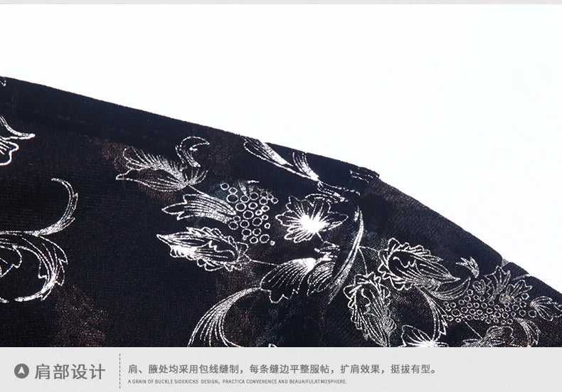 Mens Floral Dresses Autumn Long Sleeve Velour Clothing Male Flowers Gold Velvet Shirts