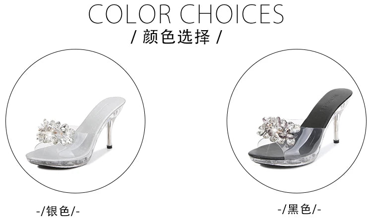 Shuzumiao New Crystal Slippers Shoes Women Fine High Heels Transparent Sandals Female Slippers Sexy  Outside Beaded Beach Shos