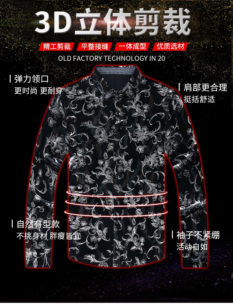 Mens Floral Dresses Autumn Long Sleeve Velour Clothing Male Flowers Gold Velvet Shirts
