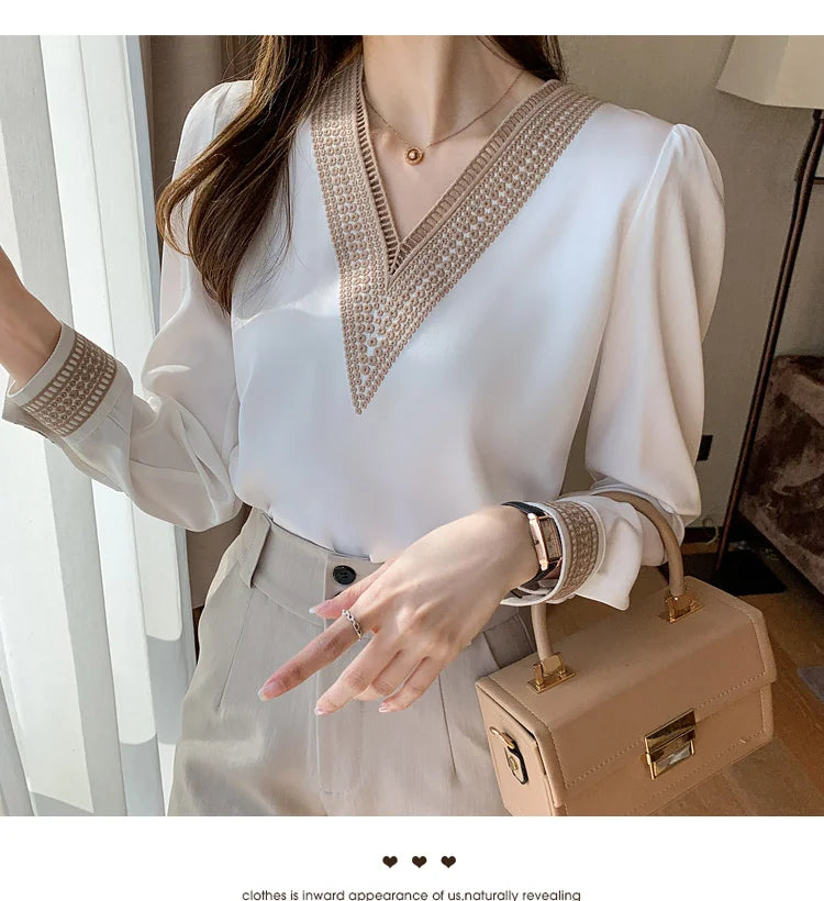 2025 Fashion Woman Blouse Stylish Autumn Office Lady Elegant Tops Korean Lace Long Sleeve V Neck Blusas White Shirts 13366