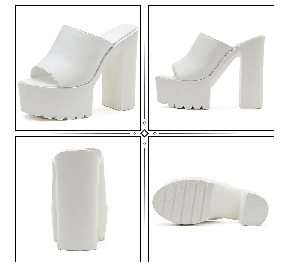 Gdgydh Square Heel Platform Mules Women Outdoor Slippers Peep Toe Slip On Sandals Shoes Slingbacks Black White Great Quality