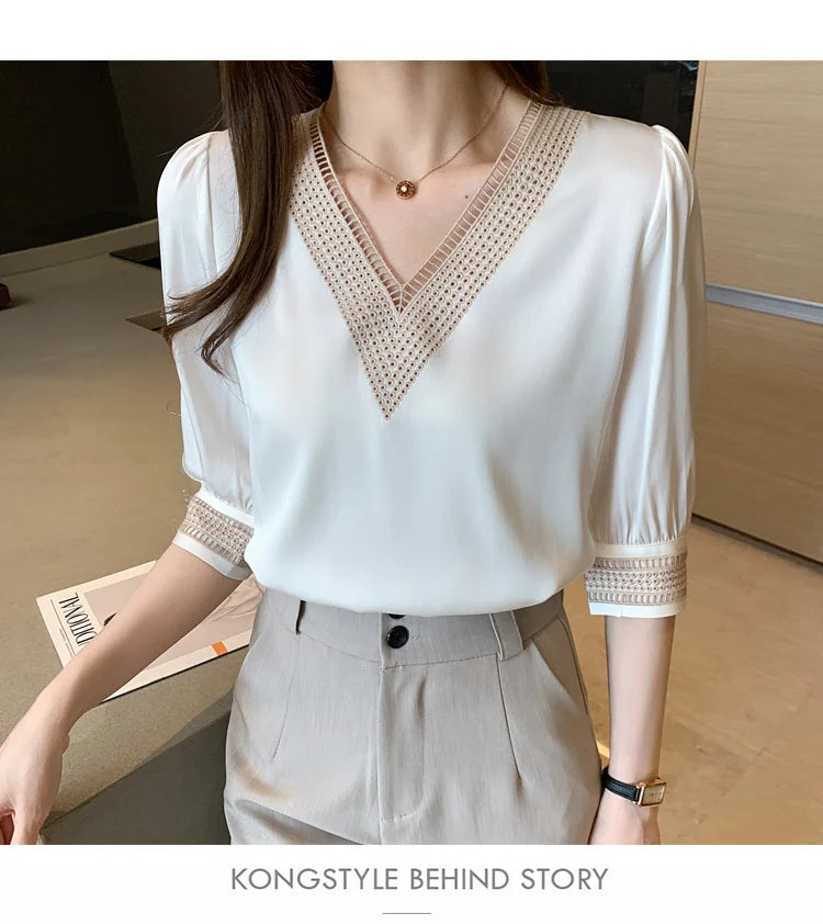 2025 Fashion Woman Blouse Stylish Autumn Office Lady Elegant Tops Korean Lace Long Sleeve V Neck Blusas White Shirts 13366