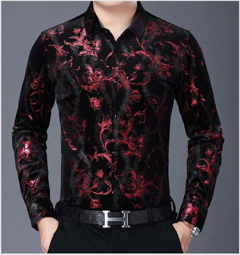Mens Floral Dresses Autumn Long Sleeve Velour Clothing Male Flowers Gold Velvet Shirts