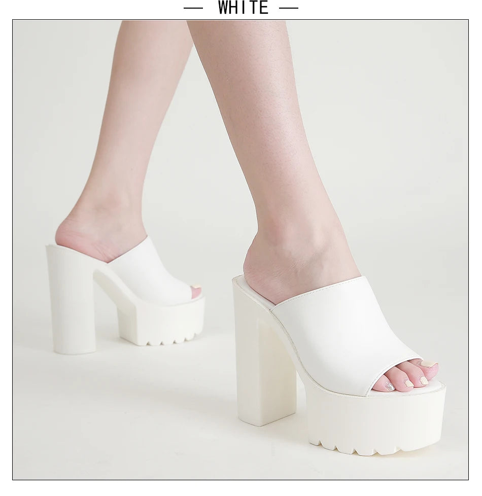 Gdgydh Square Heel Platform Mules Women Outdoor Slippers Peep Toe Slip On Sandals Shoes Slingbacks Black White Great Quality